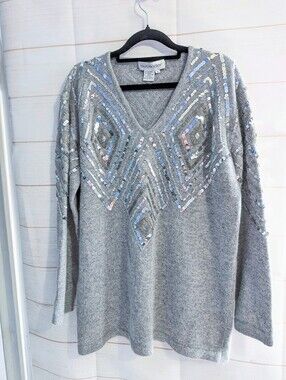 Outlander Wool / Angora Mix Luxurious Gray Sequin V-Neck Sweater Size L
